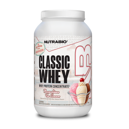 A white NutraBio Classic Whey Protein Concentrate Powder container with a “Neapolitan Ice Cream” label featuring pink, brown, and white scoops—ideal for muscle repair and building lean muscle.