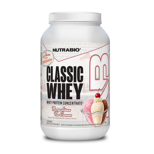 A white NutraBio Classic Whey Protein Concentrate Powder container with a “Neapolitan Ice Cream” label featuring pink, brown, and white scoops—ideal for muscle repair and building lean muscle.