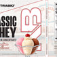 Label for NutraBio Classic Whey Protein Concentrate Powder, Neapolitan Ice Cream flavor. Features whey protein for muscle repair, nutrition facts, ingredients, amino acid profile, quality assurances, and images of chocolate, vanilla & strawberry ice cream.