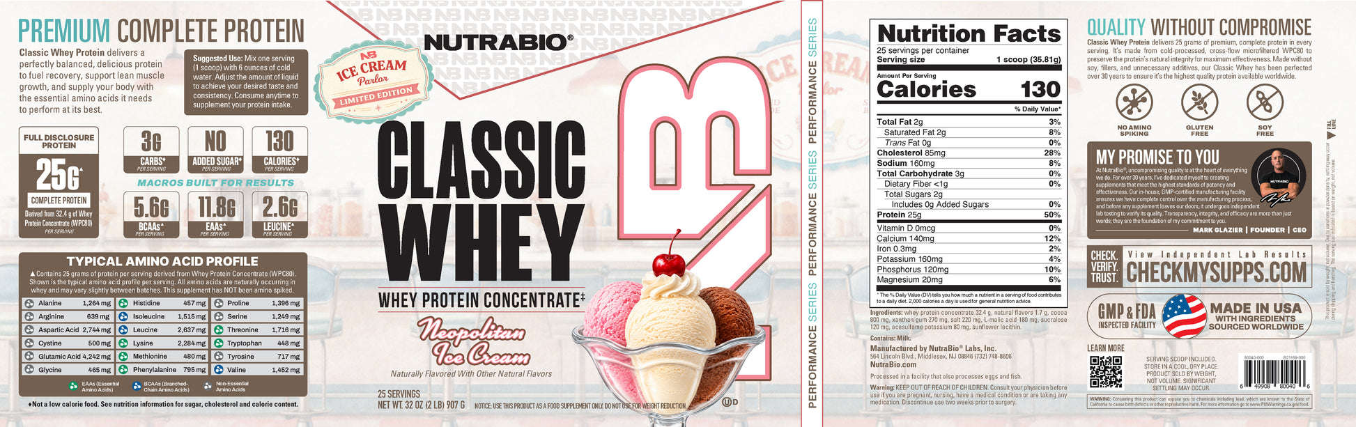 Label for NutraBio Classic Whey Protein Concentrate Powder, Neapolitan Ice Cream flavor. Features whey protein for muscle repair, nutrition facts, ingredients, amino acid profile, quality assurances, and images of chocolate, vanilla & strawberry ice cream.