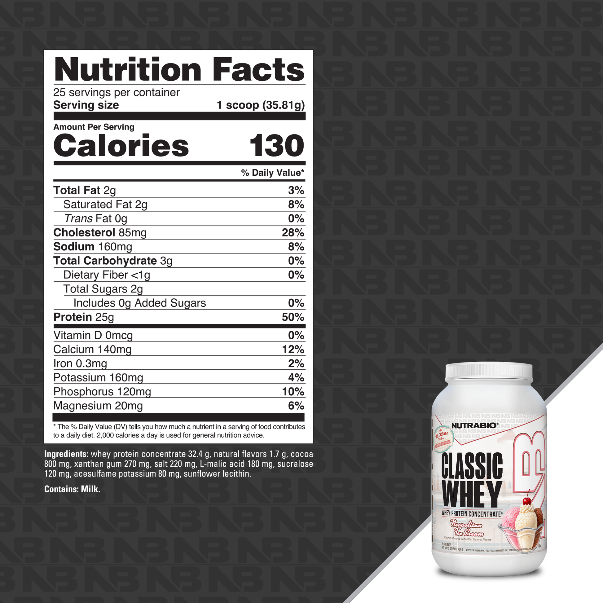 Nutrition facts label for NutraBio Classic Whey Protein Concentrate Powder: per scoop—130 calories, 25g protein for muscle repair, and 2g fat. A white tub labeled Classic Whey features chocolate images at the bottom right.