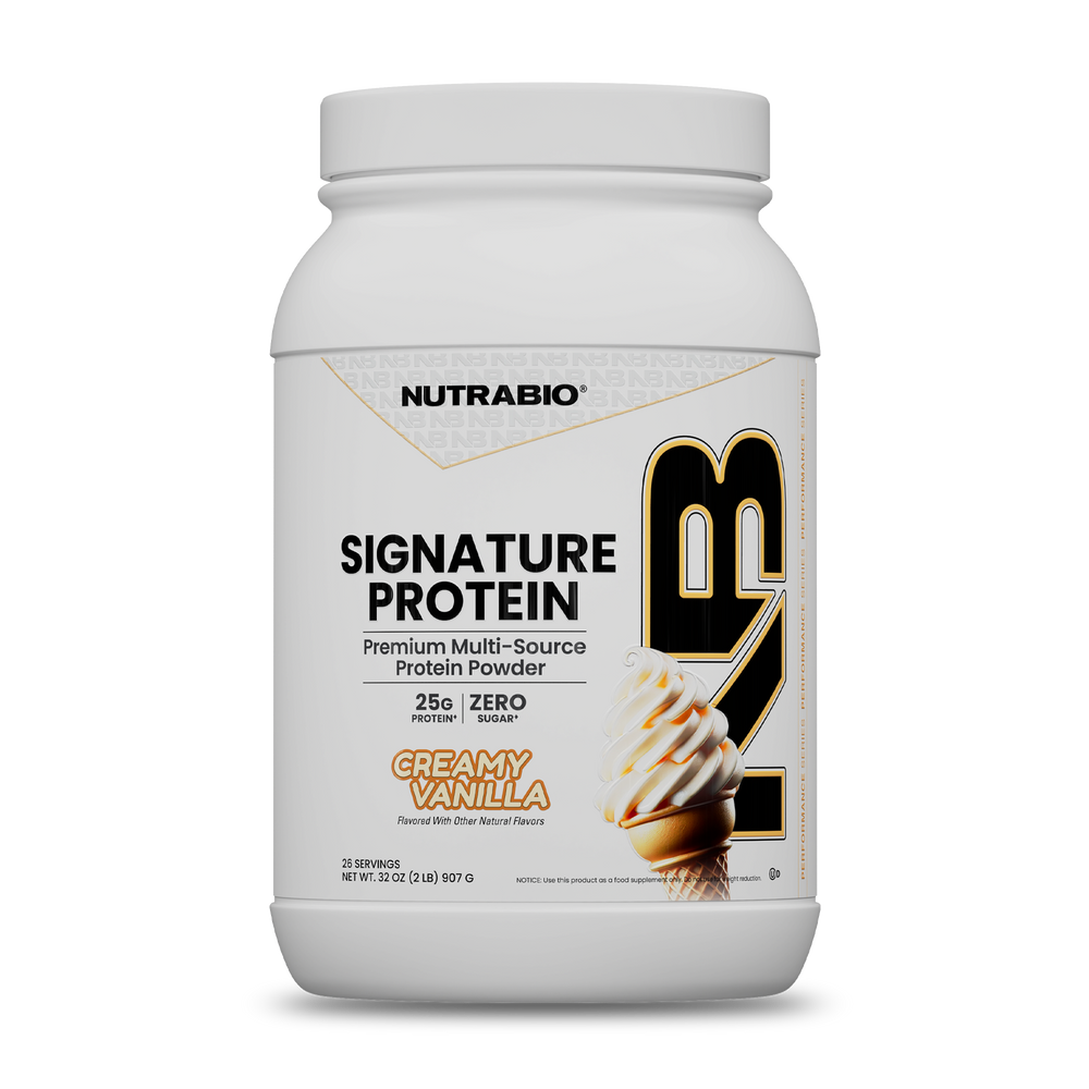 A tub of Signature Protein vanilla-flavored whey protein isolate featuring a graphic of a soft-serve ice cream cone and text indicating 25 grams of protein and zero sugar.