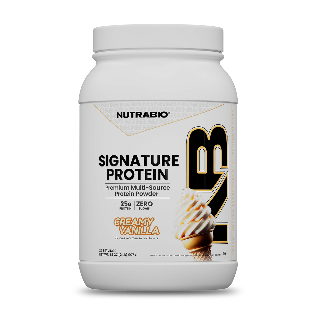 A tub of Signature Protein vanilla-flavored whey protein isolate featuring a graphic of a soft-serve ice cream cone and text indicating 25 grams of protein and zero sugar.