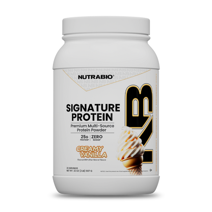 A tub of Signature Protein vanilla-flavored whey protein isolate featuring a graphic of a soft-serve ice cream cone and text indicating 25 grams of protein and zero sugar.