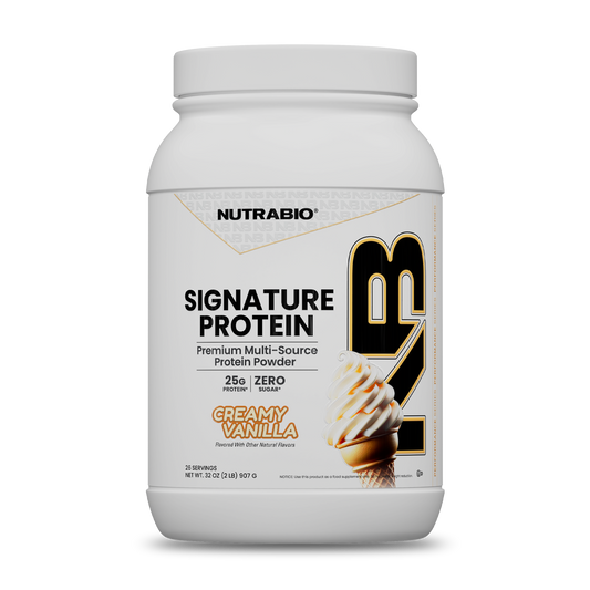 A tub of Signature Protein vanilla-flavored whey protein isolate featuring a graphic of a soft-serve ice cream cone and text indicating 25 grams of protein and zero sugar.