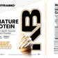 A tub of Signature Protein whey isolate displayed alongside its nutrition facts, ingredient list, and a breakdown of its protein sources and dietary benefits.