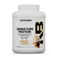 Large tub of Signature Protein creamy vanilla whey protein isolate with an illustration of a soft-serve ice cream cone on the label.
