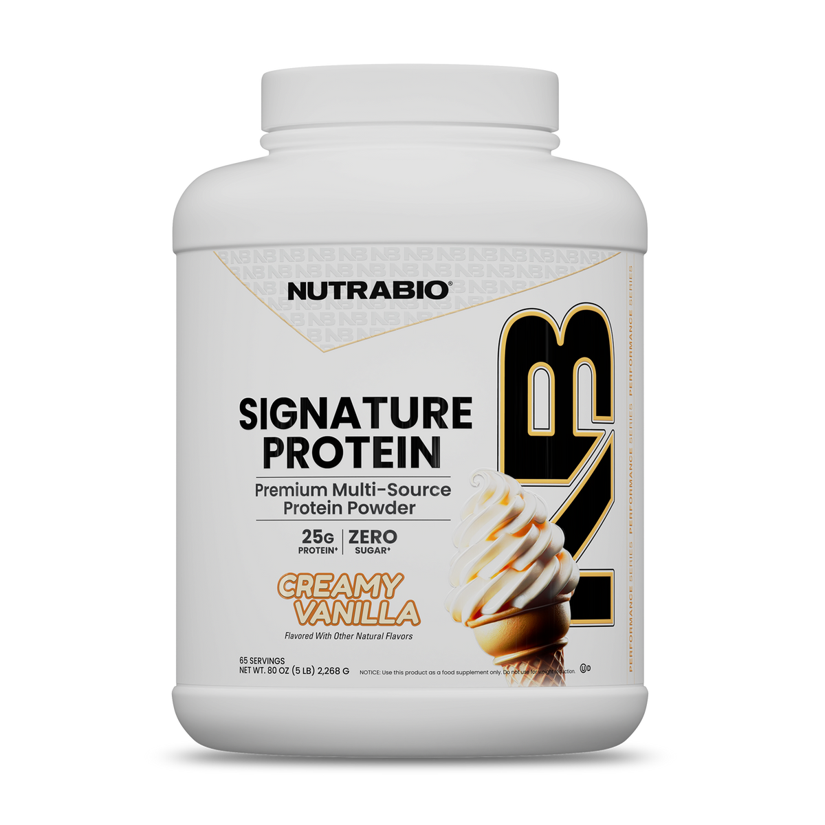 Large tub of Signature Protein creamy vanilla whey protein isolate with an illustration of a soft-serve ice cream cone on the label.