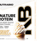 A tub of Signature Protein vanilla whey protein isolate with panels detailing ingredients, nutrition facts, and quality assurance information.