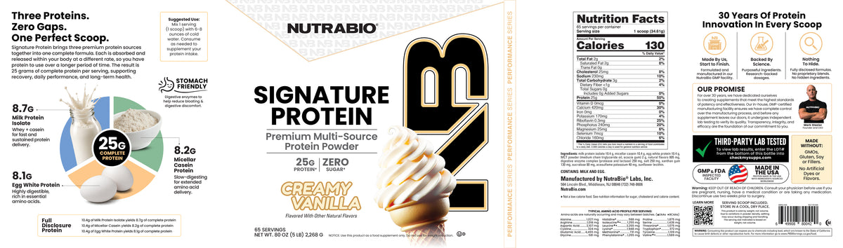 A tub of Signature Protein vanilla whey protein isolate with panels detailing ingredients, nutrition facts, and quality assurance information.