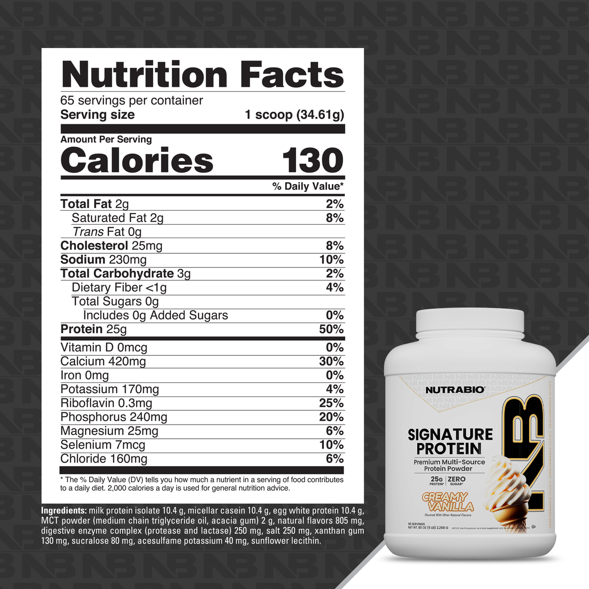 A tub of Signature Protein beside its nutrition facts label, which lists 130 calories and 25g of complete protein per serving.