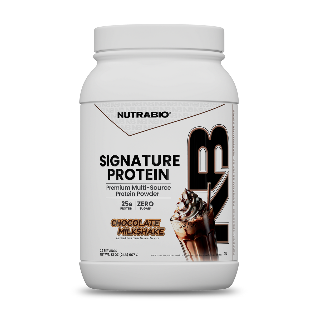 A white plastic tub of Signature Protein chocolate milkshake flavored whey protein isolate, featuring a graphic of a chocolate drink topped with whipped cream and the text 25G PROTEIN and ZERO SUGAR.