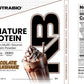 Product packaging for Signature Protein chocolate milkshake whey protein isolate, displaying the nutrition facts label, ingredient list, and a list of product features, including BCAAs.