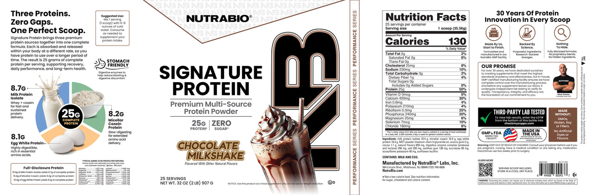 Product packaging for Signature Protein chocolate milkshake whey protein isolate, displaying the nutrition facts label, ingredient list, and a list of product features, including BCAAs.