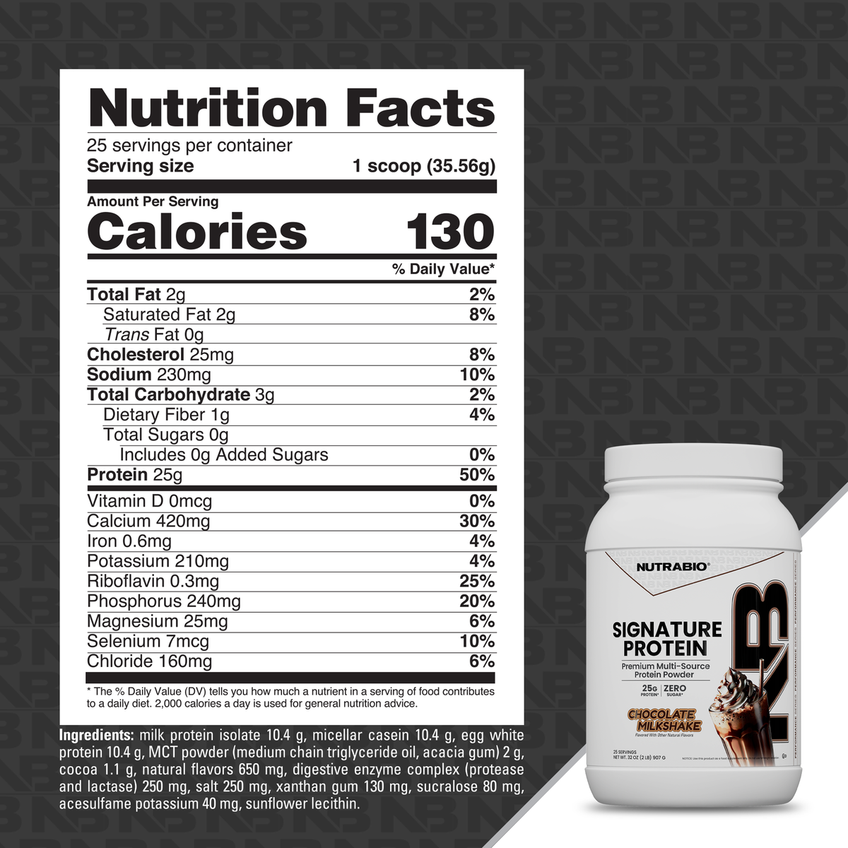 Nutrition facts label and a tub of Signature Protein in chocolate milkshake flavor.