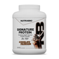Large white Signature Protein plastic tub of chocolate milkshake whey protein isolate, featuring a graphic of a milkshake topped with whipped cream, 25g of protein, and zero sugar.