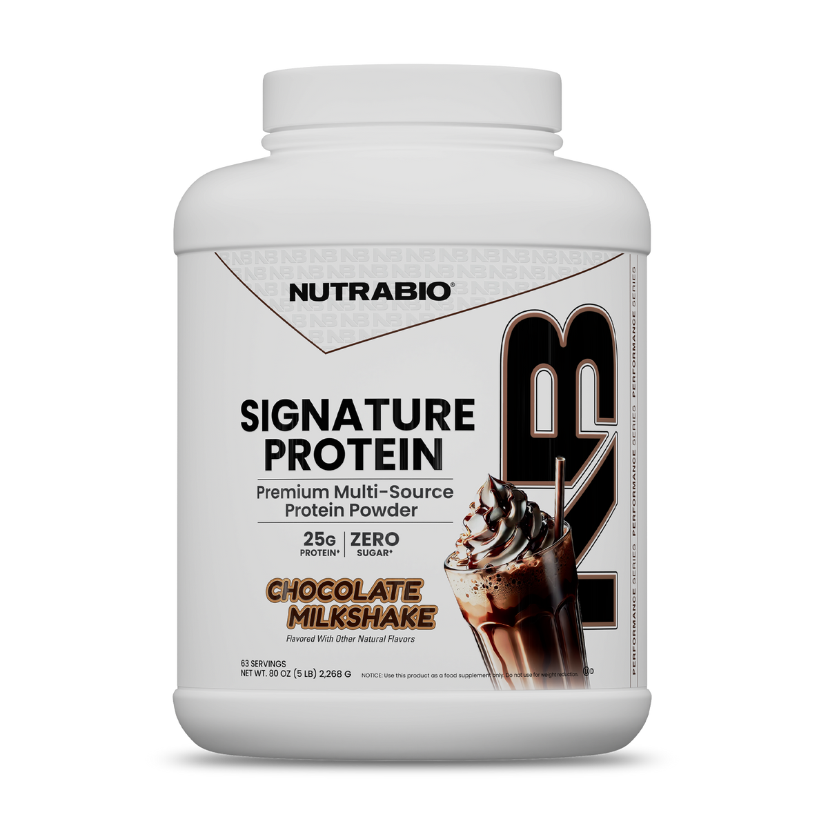 Large white Signature Protein plastic tub of chocolate milkshake whey protein isolate, featuring a graphic of a milkshake topped with whipped cream, 25g of protein, and zero sugar.