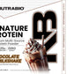 Signature Protein tub showing a nutrition facts label, ingredient list, and multi-source protein blend description, with a circular icon highlighting 25 grams of complete protein and BCAAs.