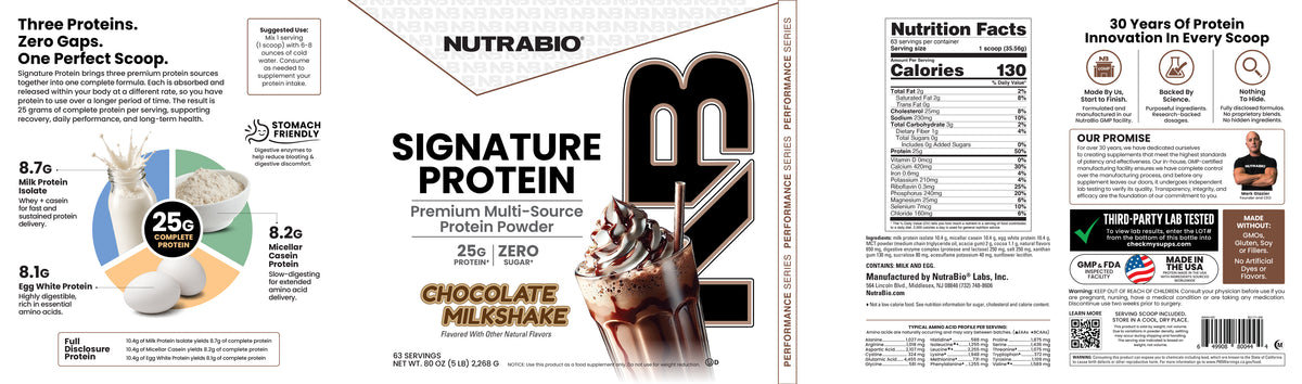 Signature Protein tub showing a nutrition facts label, ingredient list, and multi-source protein blend description, with a circular icon highlighting 25 grams of complete protein and BCAAs.