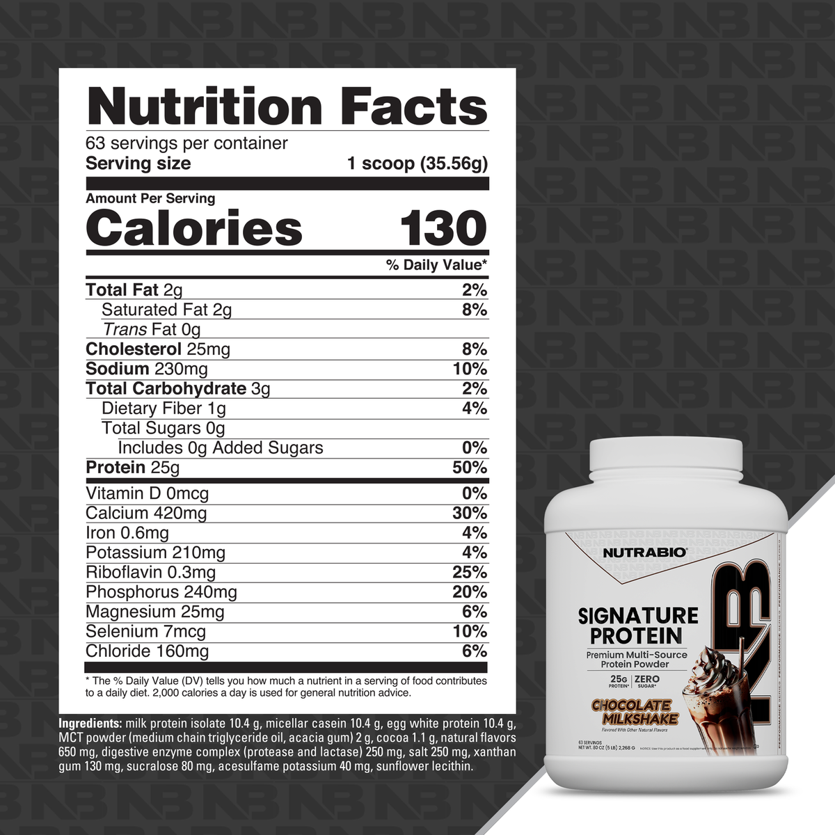 A tub of Signature Protein chocolate milkshake flavored whey protein isolate next to its nutrition facts label.