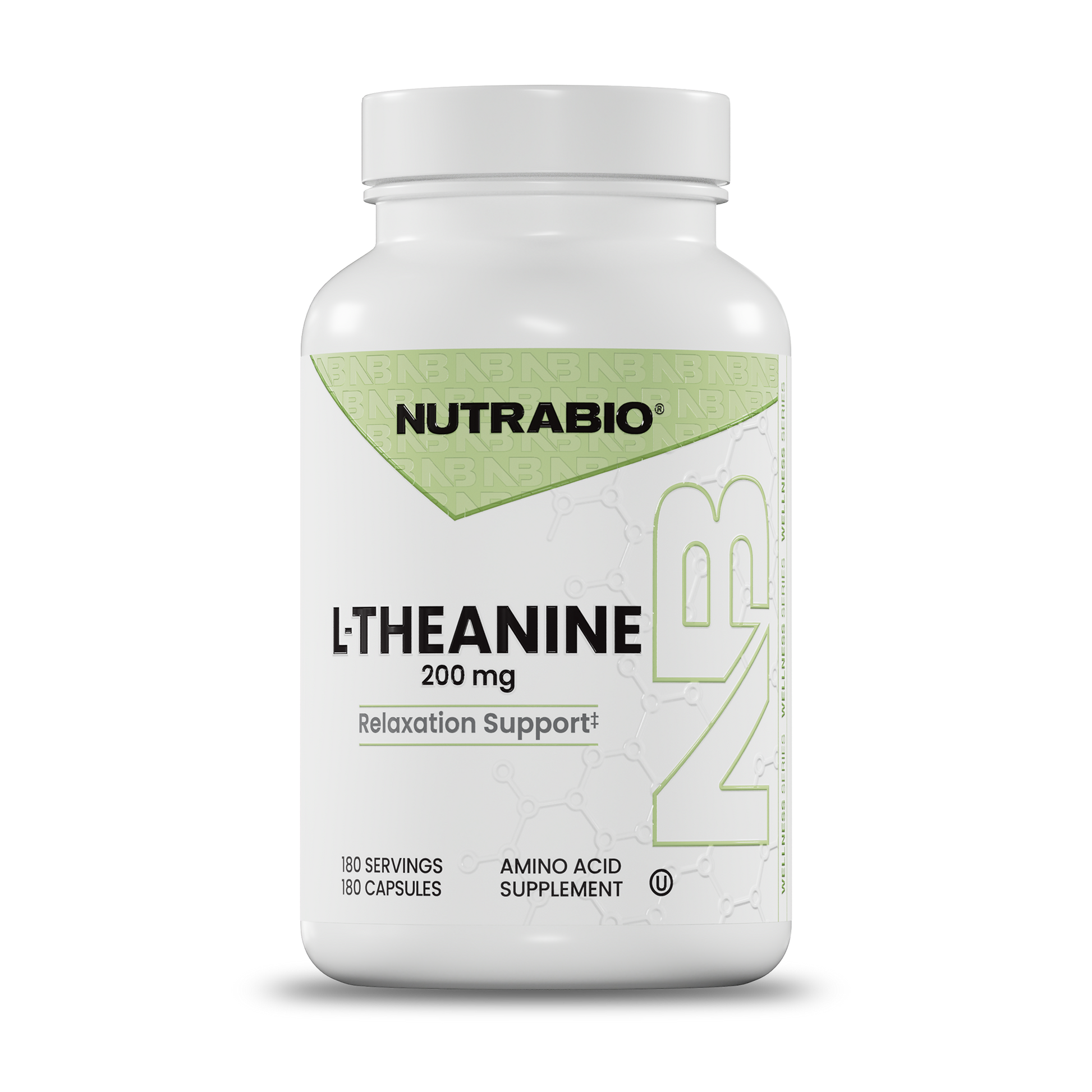 A white plastic bottle of Nutrabio L-Theanine 200 mg Relaxation Support dietary supplement, featuring a white and light green label, on a clean white background.