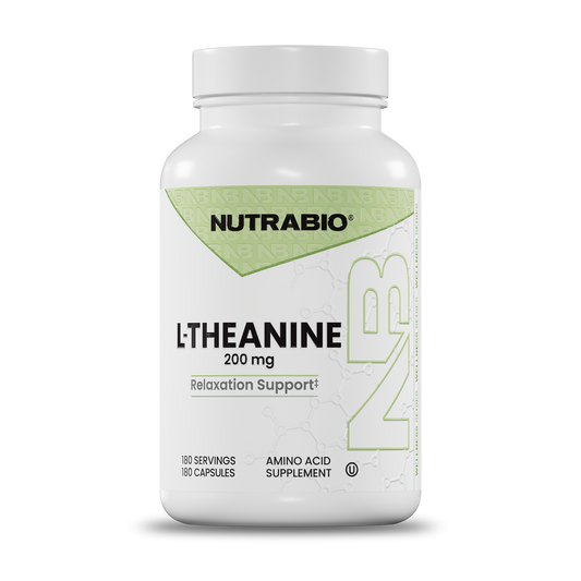 A white plastic bottle of Nutrabio L-Theanine 200 mg Relaxation Support dietary supplement, featuring a white and light green label, on a clean white background.