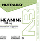 Front and back labels of a Nutrabio L-Theanine 200 mg supplement bottle, showing product details, serving facts, and usage information.