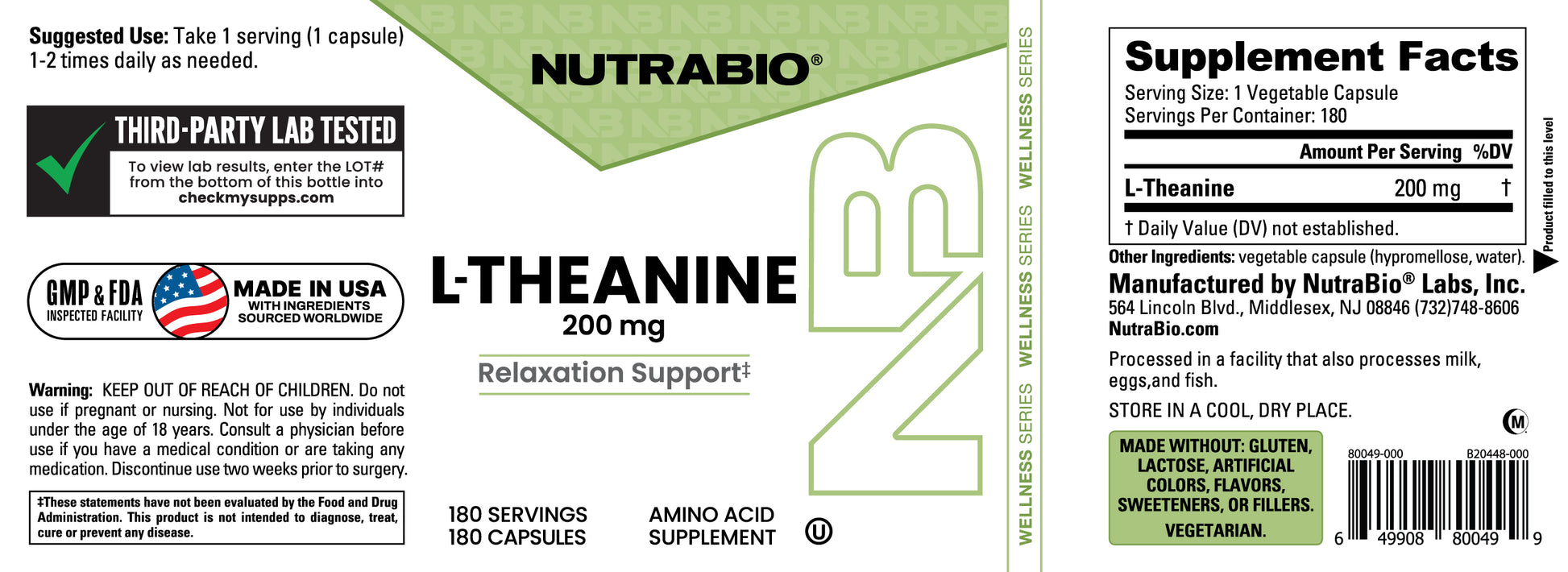 Front and back labels of a Nutrabio L-Theanine 200 mg supplement bottle, showing product details, serving facts, and usage information.