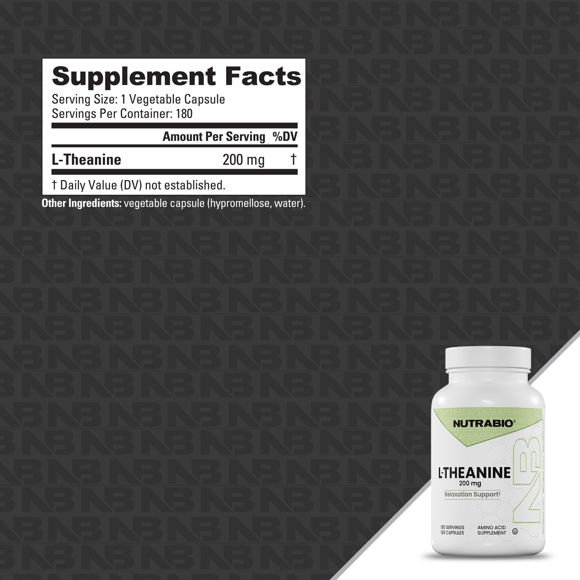 A white bottle of Nutrabio L-Theanine 200 mg dietary supplement capsules shown on a dark gray patterned background with a Supplement Facts label graphic overlaid on the upper left.