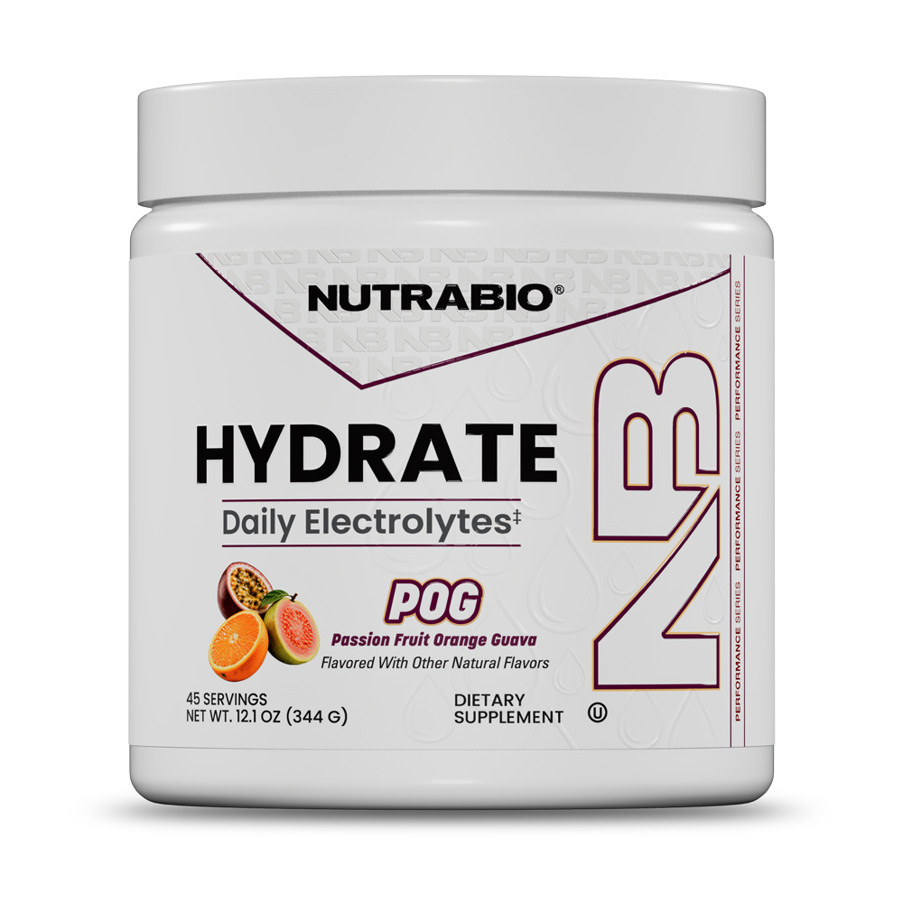 White plastic tub of Hydrate zero sugar electrolyte drink mix featuring illustrations of passion fruit, orange, and guava.