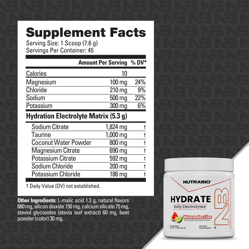 A NutraBio Hydrate supplement facts label listing ingredients including magnesium, sodium, and potassium, next to a jar of Watermelon Lime flavored Hydrate electrolyte powder.