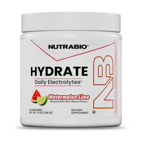 White plastic tub of Hydrate watermelon lime electrolyte drink mix, featuring a label with a slice of watermelon and a lime wedge.