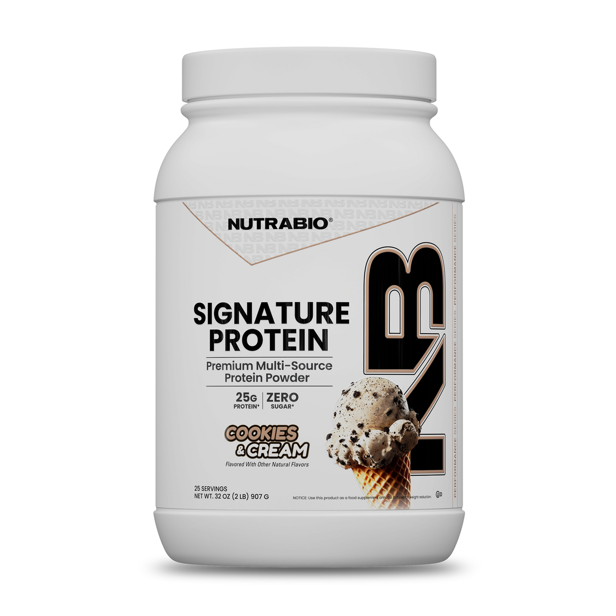 Large plastic tub of Signature Protein in cookies and cream whey protein isolate.
