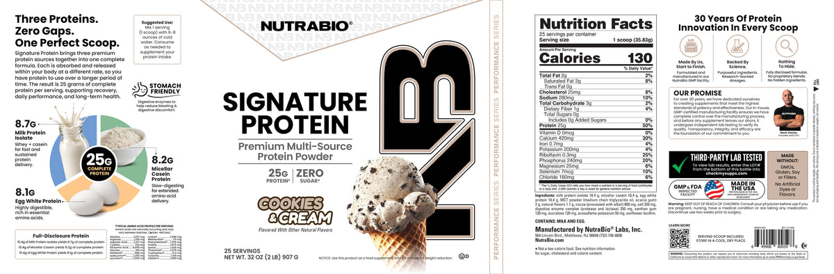 Product label for Signature Protein whey isolate powder, showing a nutrition facts panel, a description of the protein blend, and a photo of cookies and cream ice cream in a waffle cone.