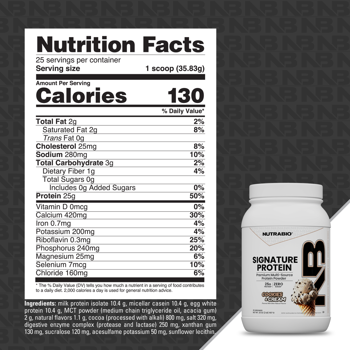 Nutrition facts label and a tub of Signature Protein cookies and cream whey protein isolate, a complete protein.