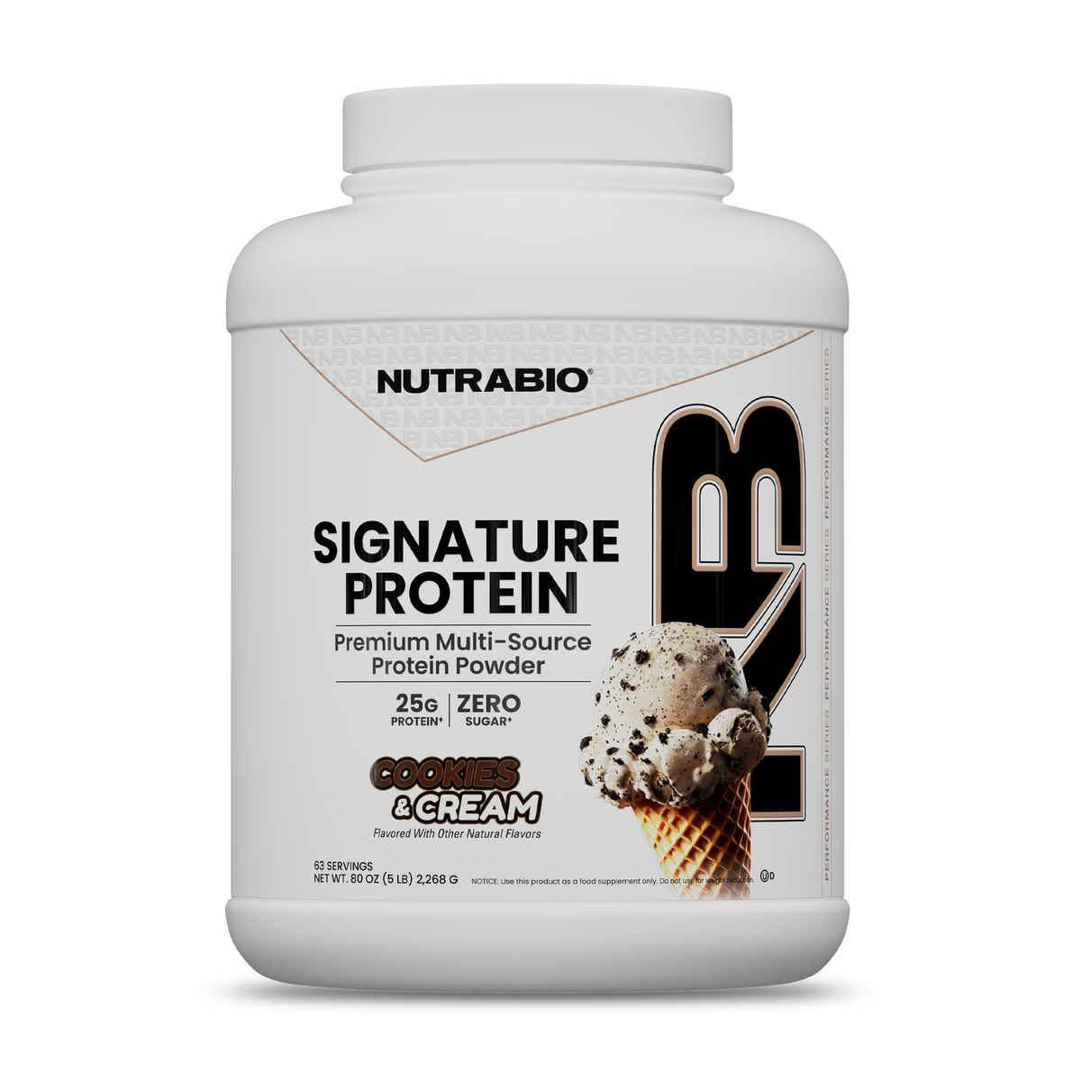 Large plastic tub of Signature Protein in cookies and cream flavor.