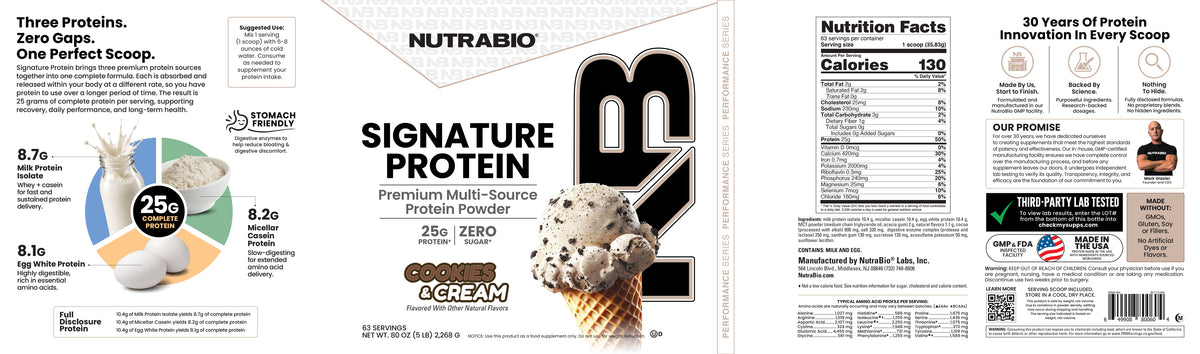 Tub of Signature Protein featuring a label with nutritional information, a serving size of 25g of protein, and a graphic of a cookies and cream ice cream cone.