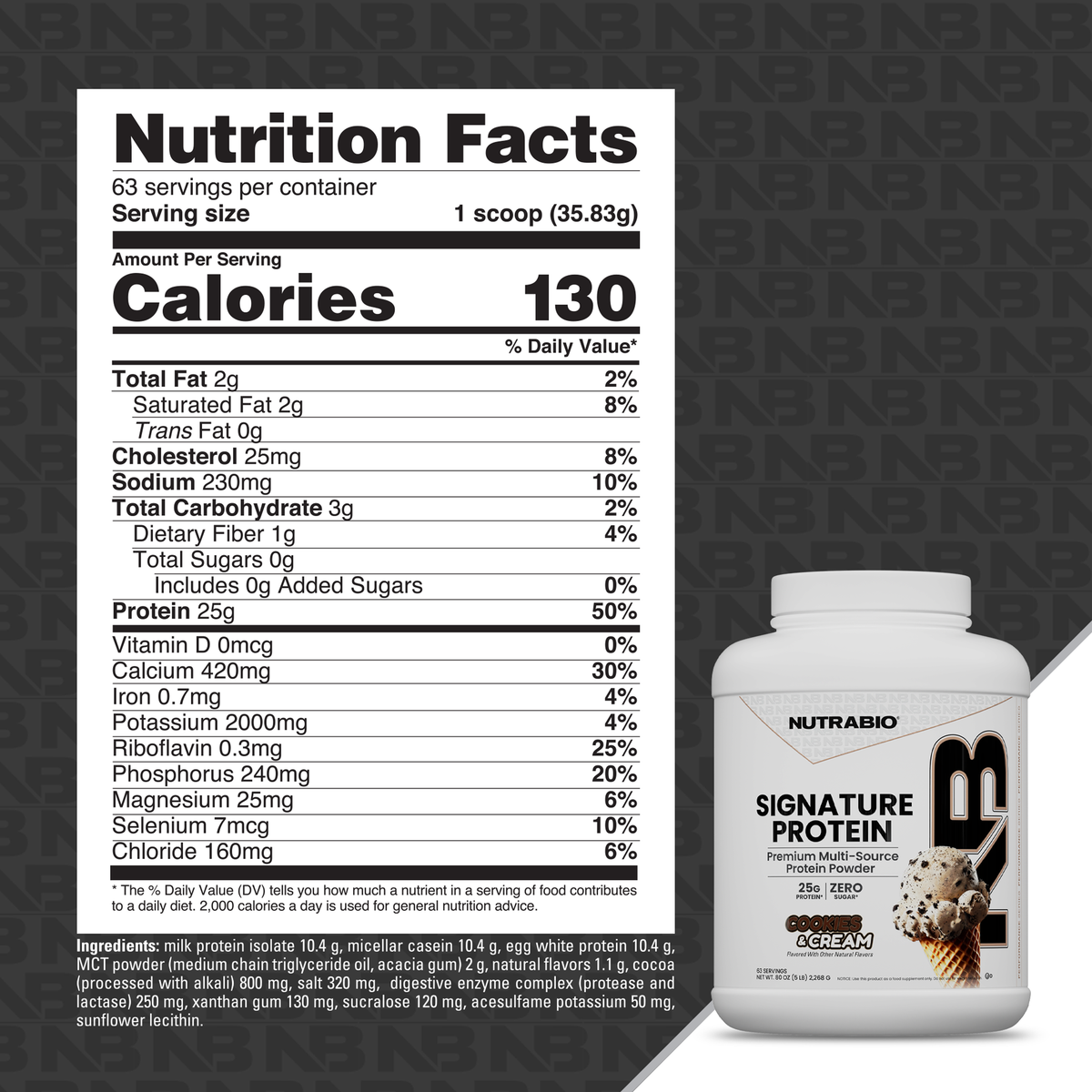A Signature Protein Cookies & Cream tub displayed next to its nutrition facts label, highlighting its whey protein isolate content.