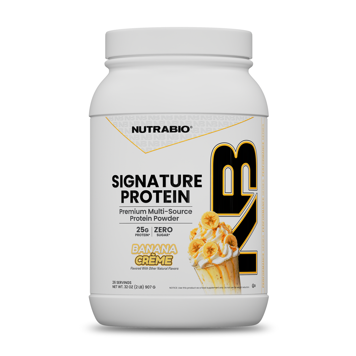 A white tub of Signature Protein banana crème whey protein isolate featuring an illustration of a banana-topped milkshake.