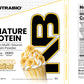 Three-panel view of a Signature Protein container label, showing the product name, flavor, nutrition facts, ingredient list, and manufacturing information, while highlighting the complete protein content.