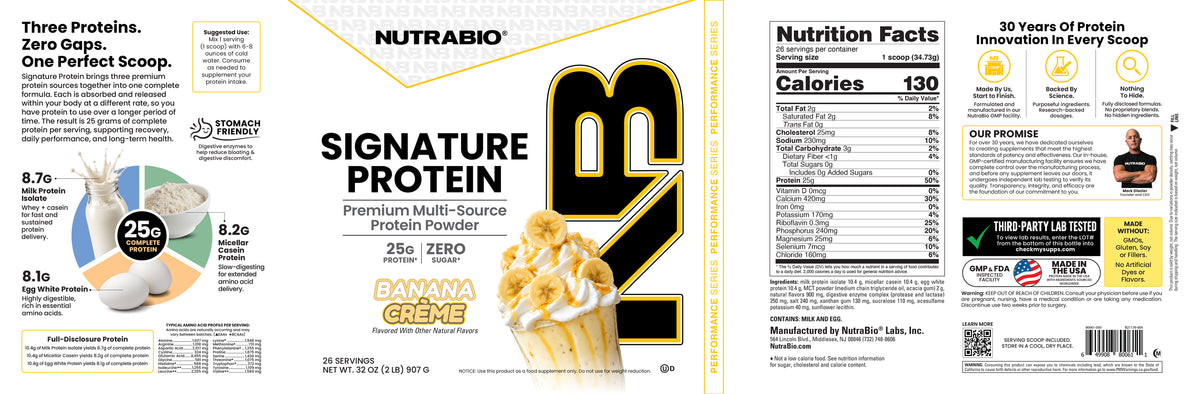 Three-panel view of a Signature Protein container label, showing the product name, flavor, nutrition facts, ingredient list, and manufacturing information, while highlighting the complete protein content.