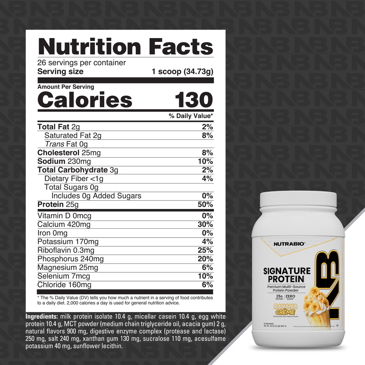 A tub of Signature Protein banana creme whey protein isolate next to its nutrition facts label.