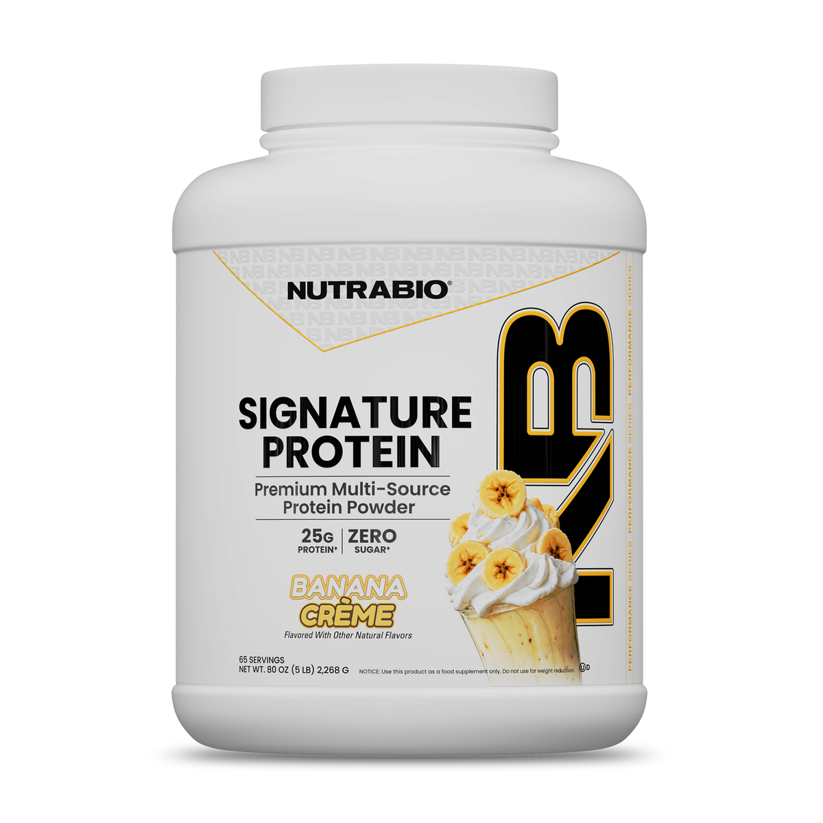 Large white plastic tub of Signature Protein banana creme flavored whey protein isolate, featuring a graphic of a banana-topped smoothie.