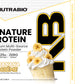 A Signature Protein label on a whey protein isolate container featuring flavor text, a nutrition facts table, and ingredient information highlighting its complete protein profile.