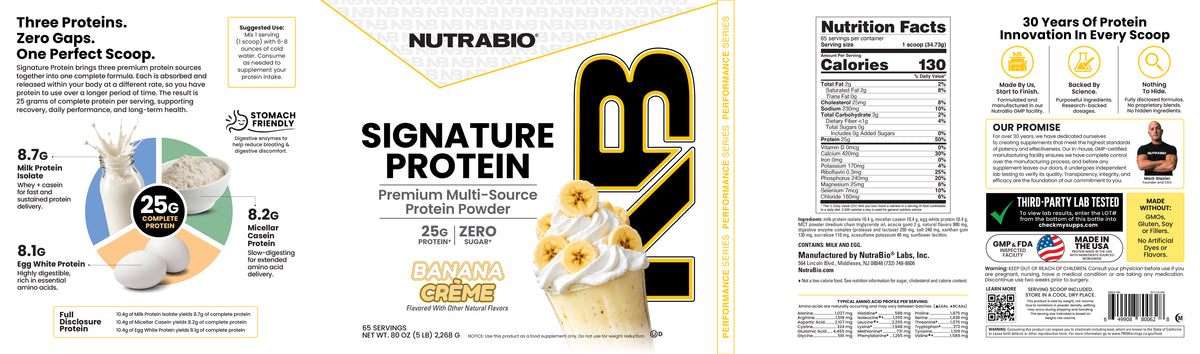 A Signature Protein label on a whey protein isolate container featuring flavor text, a nutrition facts table, and ingredient information highlighting its complete protein profile.