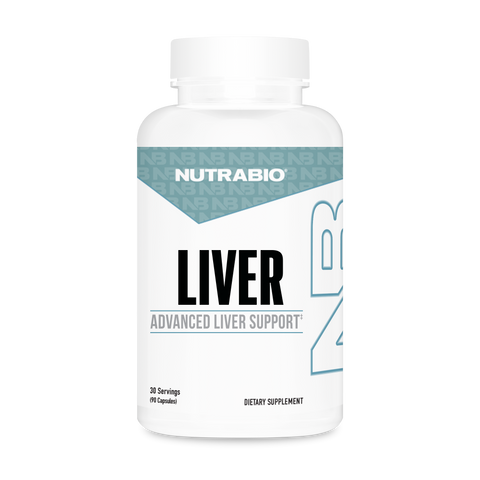 A white tub of NutraBio's Liver supplement on a white background.