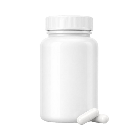 An image of a blank pill bottle with two capsules next to it. 