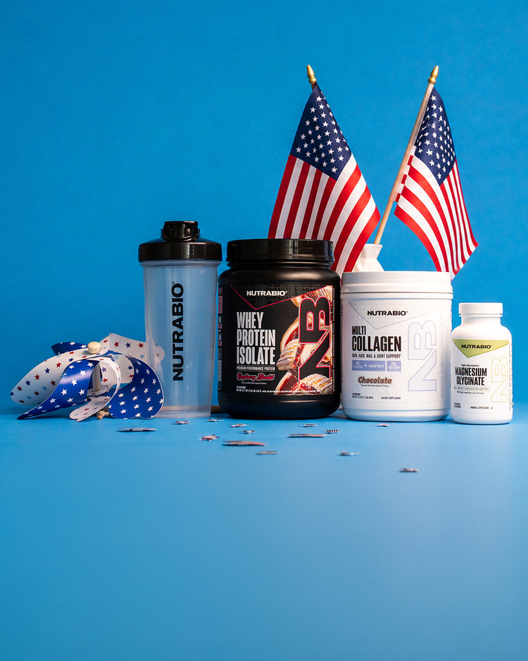 A photo of NutraBio Supplements and an American flag to celebrate the 4th of July in Large Mobile format