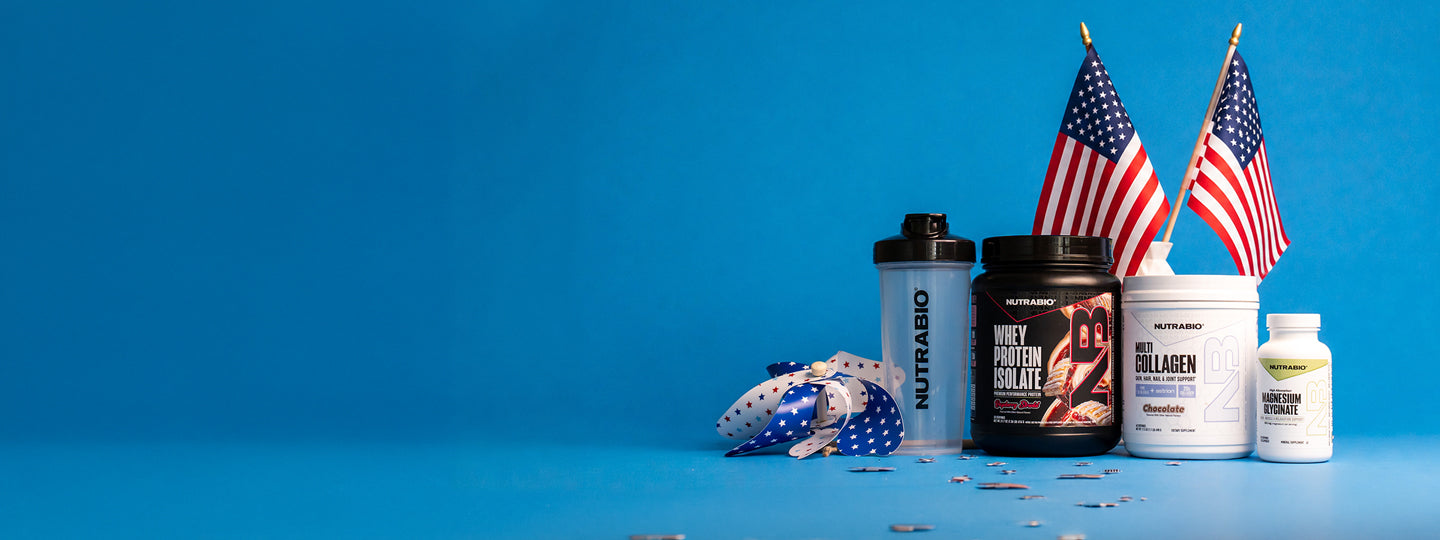 A photo of NutraBio Supplements and an American flag to celebrate the 4th of July in Medium Desktop format