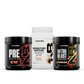 Two black tubs of Advanced Training Stack pre-workout supplement powder flanking a white tub of premium protein.
